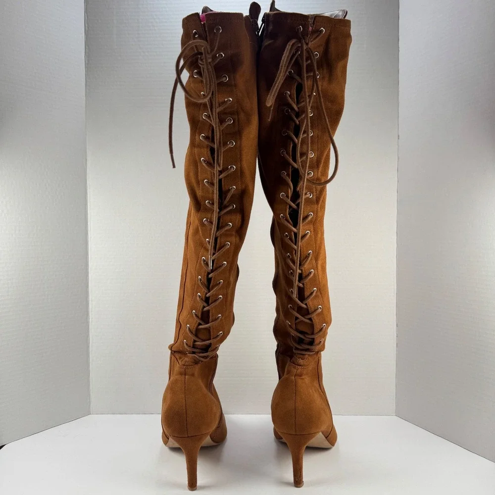Torrid Women 9WW Cognac Brown Faux Suede Over The Knee Lace Up Wide Calf Boots
